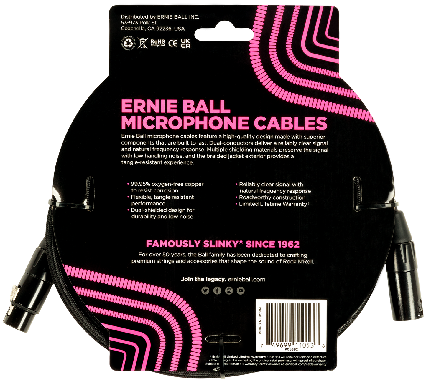 ERNIE BALL Mikrofonkabel, Gewebe, XLR/XLR, schwarz, 6,09 m